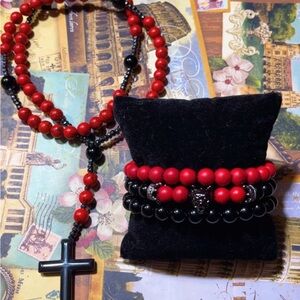 Red and Black Beaded Rosary and Bracelet Set